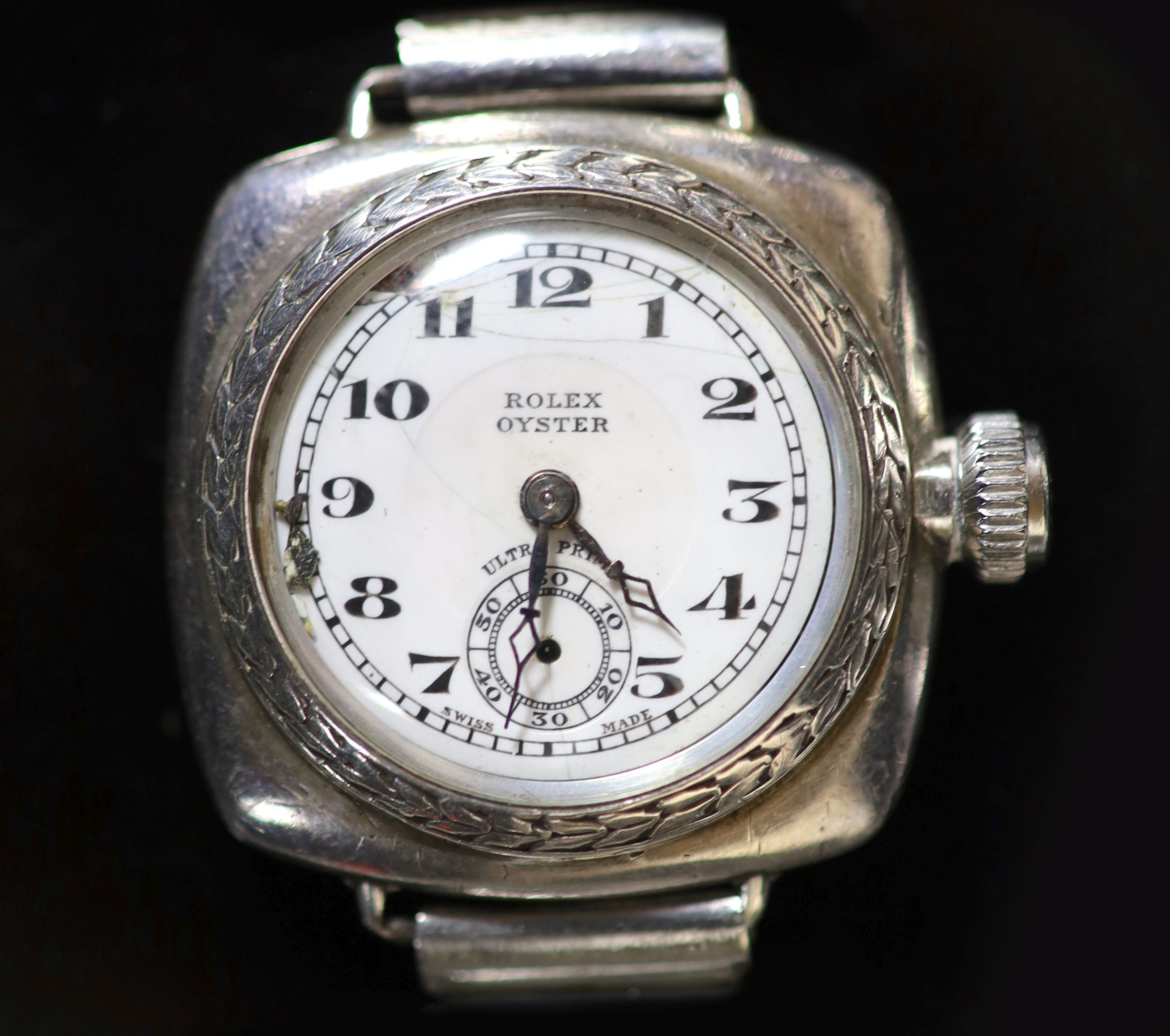 A late 1920's gentleman’s silver cushion cased Rolex Oyster Ultra Prima manual wind wrist watch
